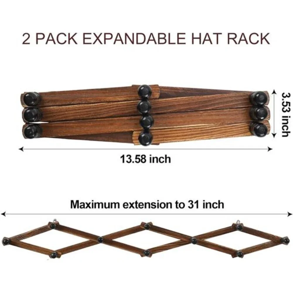 Expandable Brown Wood Wall Rack with Black Pegs - Versatile Coat & Hat Organizer